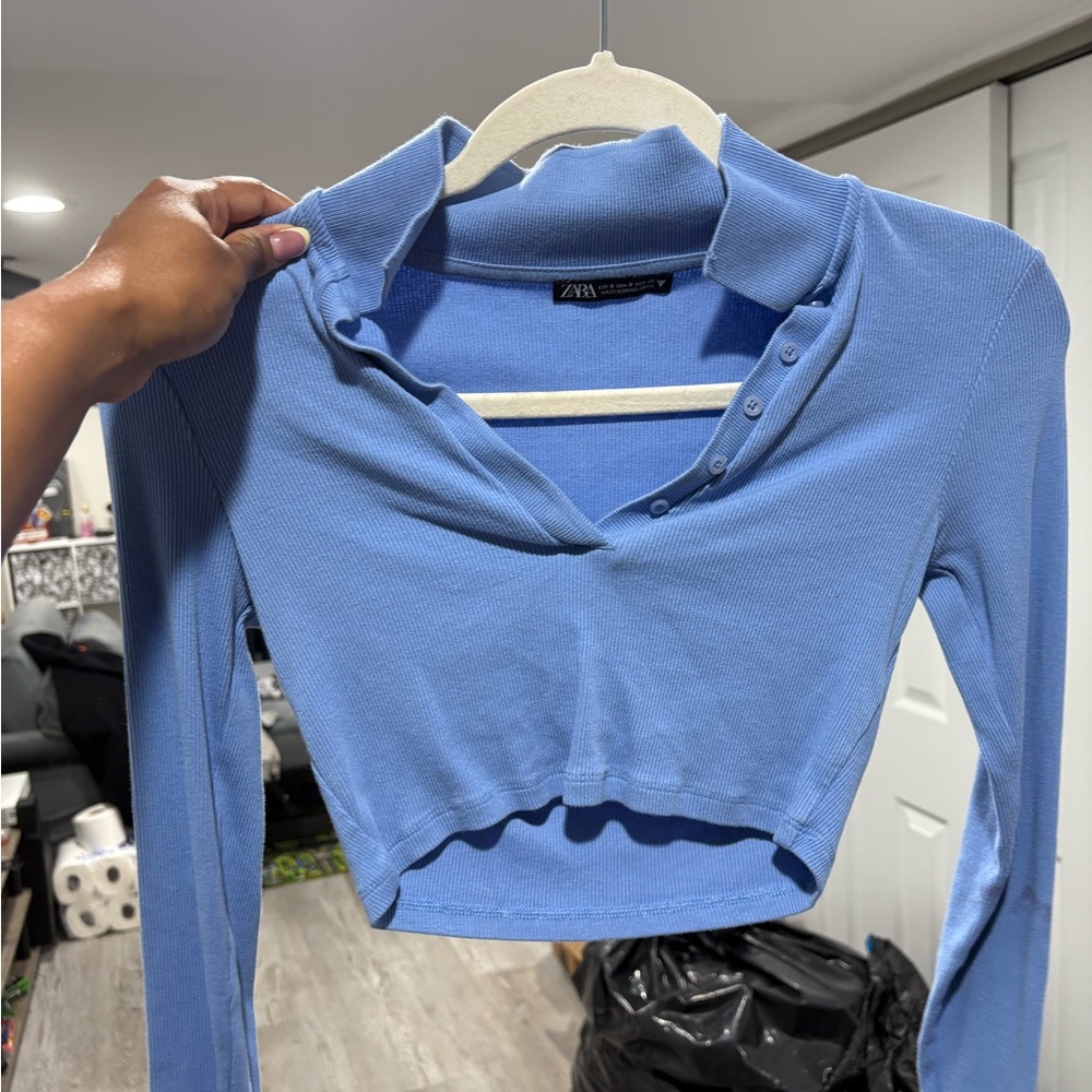 Zara Women's Sky Blue Ribbed Long Sleeve Crop Top